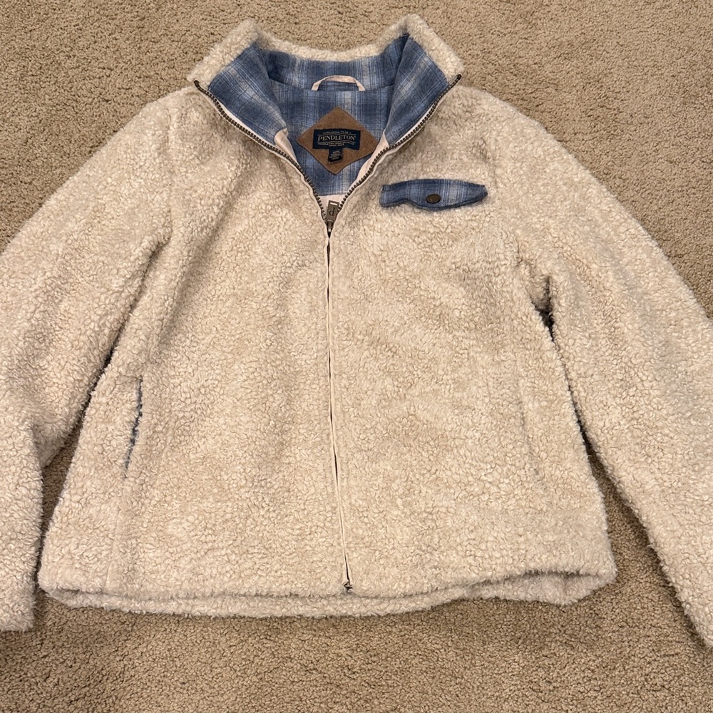 Pendleton Cream Sherpa Jacket with Blue Plaid - Picture 2 of 3